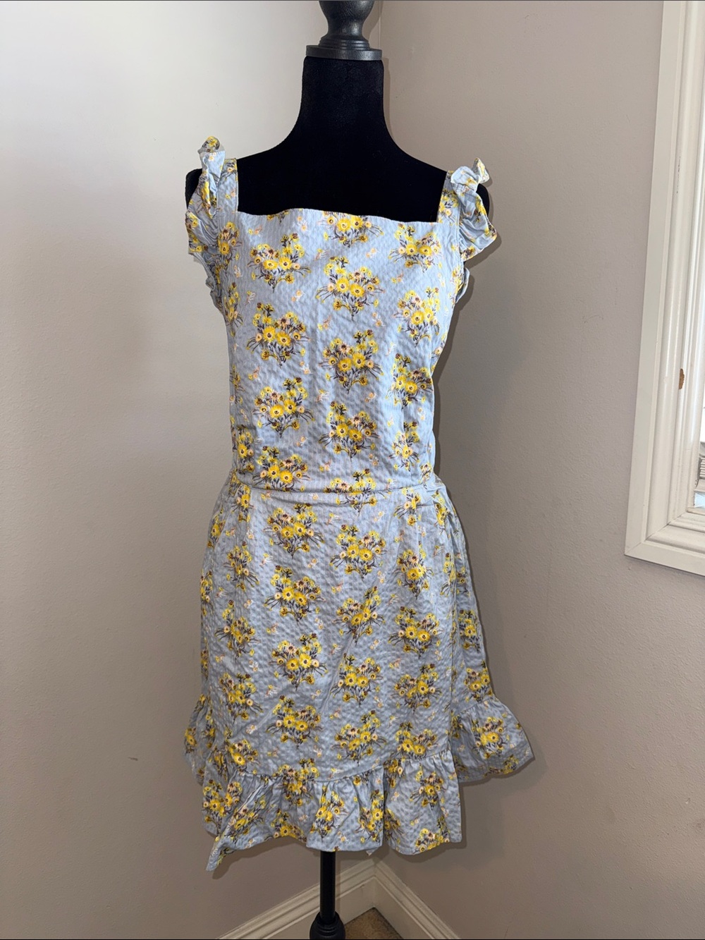 Light Blue Floral Ruffle Sundress - Yellow Flower Print